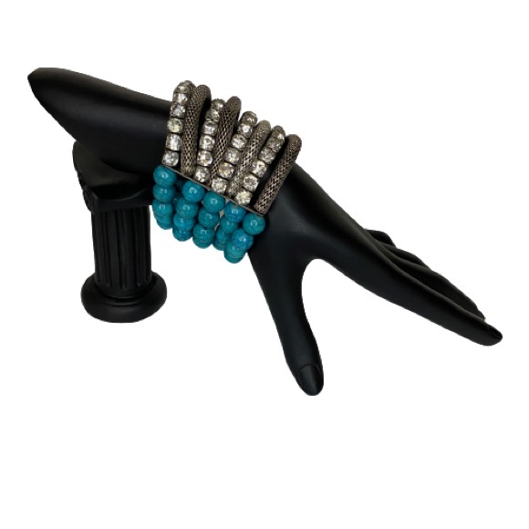 Turquoise Color Bead Rhinestone S.T. Mesh Bracelet - Picture 3 of 10